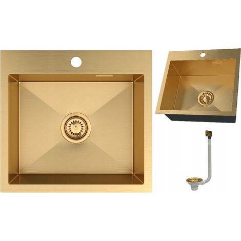 Évier de Cuisine en Acier Inoxydable Doré 1 Bac - Égouttoir 48x45 cm - Montage Encastré - Siphon et Fixations Inclus (1/4)