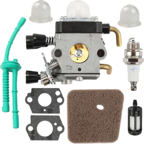 Carburateur avec filtre à air et bougie d'allumage – Kit de 9 pièces pour débroussailleuses STIHL FS38 FS45 FS46 FS55 KM55 FS85 – Métal et plastique (1/5)