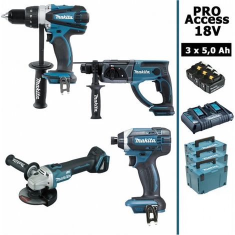 Makita – Pack d'outils électroportatifs 18V – 4 machines avec 3 batteries 5Ah – Perceuse 91Nm, meuleuse 125mm, perforateur 2J, visseuse 165Nm