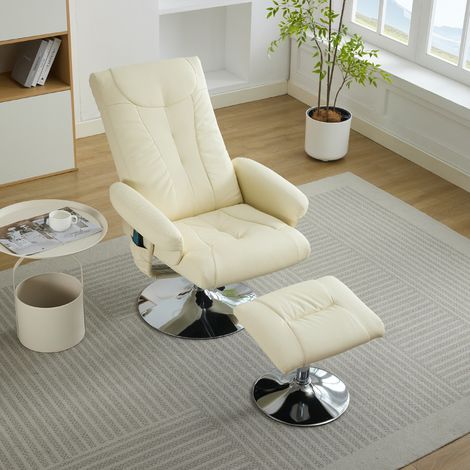 Poltrona con Massaggio a 5 Punti e Base Girevole 360° 76x75x103 cm, Riscaldamento, Reclinabile e Poggiapiedi, in Tessuto PU Beige