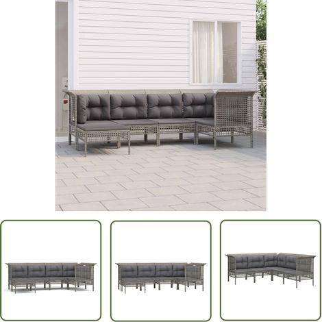 The Living Store Salon de jardin 6 pcs avec coussins Gris Résine tressée - Salon De Jardin - Mobilier De Jardin - Set De Salon - Meubles De Jardin - Ensemble Extérieur (1/5)