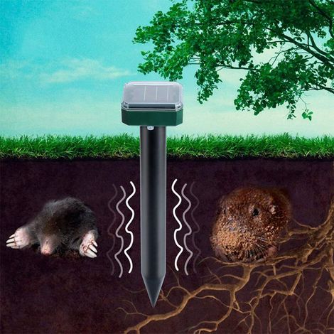 Set mit 4 solarbetriebenen Ultraschall-Abwehrgeräten gegen Maulwürfe, Schlangen, Mäuse und andere schädliche Nagetiere, für Garten und Terrasse, gegen Mücken, Schlangen und Vögel. (1/5)