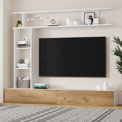 TV Möbel Schrank Wohnwand 180 cm Weiß Holz HAVRYA (1/5)