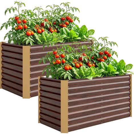 Set aus 2 Hochbeeten, quadratisch, verzinktes Stahlgestell, offener Boden, 120 x 60 x 60 cm, braune Holzoptik
