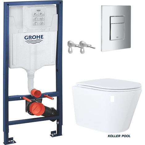 Pack réservoir Encastrable Bati-Support GROHE et plaque chrome brillant avec WC suspendu Vortex Orion blanc 51,5 cm par KP (1/5)