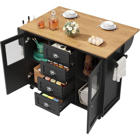 Ilot central de cuisine extensible Noir,Desserte Cuisine avec 2 portes et 4 tiroirs,sur roulettes,137.9x45(73)x92.5cm (1/5)