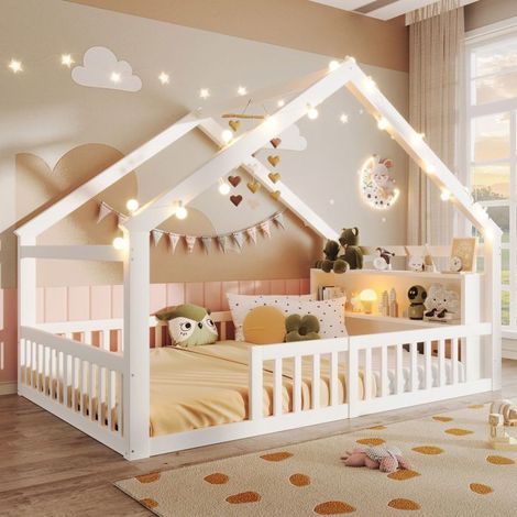 Lit enfant - SOGEU - Lit cabane enfant - 140x190 cm - Garde-corps haut sécurité - Rangement intégré (1/5)