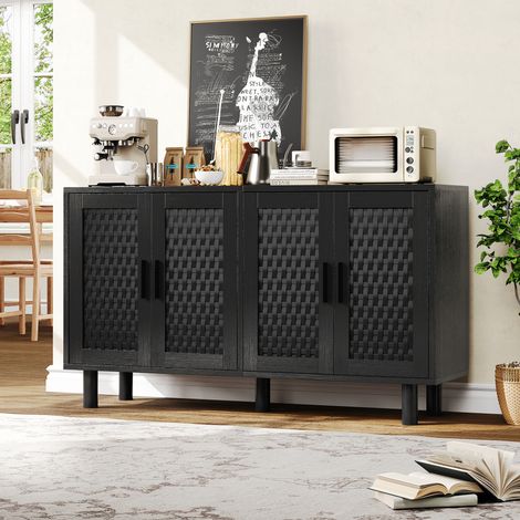 Buffet 4 Portes en rotin 140x40x80cm,Meuble de Cuisine avec 4 Portes et séparations réglables,Buffet Meuble de Rangement pour Salle à Manger et Cuisine,Style Scandinave,Noir