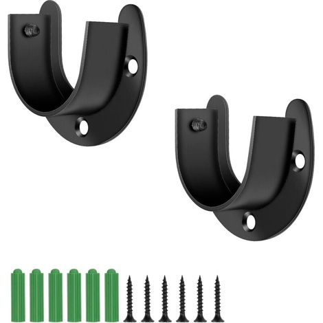 Support Tringle Penderie en Acier Inoxydable, 32 mm Réglable Support de Tige de Bride, 2 Pièces Noir Douilles de Poteau de Penderie, avec Vis, en Forme de U, pour Rideau ou Armoire