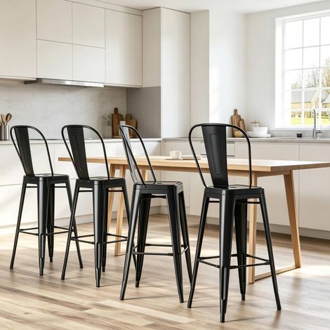 Set de 4 taburetes de bar negros con respaldo desmontable, reposapiés y estructura de metal apilable para cocina, isla o barra de estilo industrial – CHICFURN (1/5)