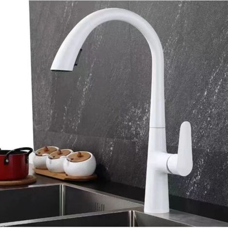 Miscelatore da cucina con doccetta estraibile, bianco, rubinetto da cucina girevole a 360°, rubinetto da cucina in ottone estraibile, bianco FLITI (1/4)