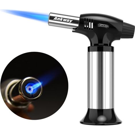 Chalumeau de cuisine rechargeable avec verrouillage de sécurité et flamme réglable, idéal pour crème brûlée, dessert, barbecue, bricolage (Argent) (1/5)