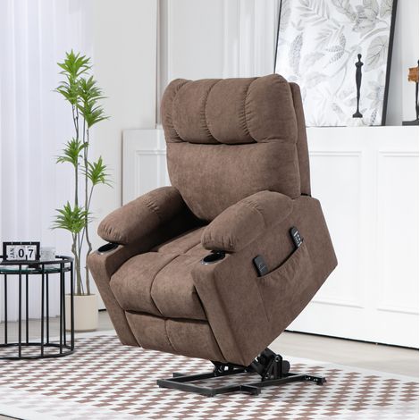 Fauteuil releveur 91x95x109 cm marron en polyester avec massage par vibrations, chaleur et inclinaison électrique (1/3)