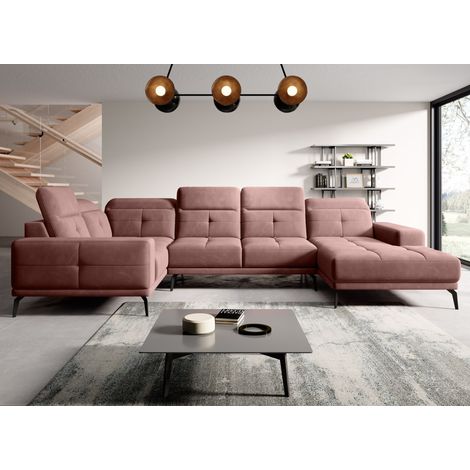 Canapé panoramique design SKAW tissu - Têtières réglables A gauche-Rose poudré-Méridienne A gauche (1/5)