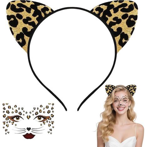 Fascia per capelli con stampa leopardata, fascia per capelli con stampa leopardata per donna con tatuaggio sul viso, fascia per capelli con stampa leopardata, adatta per compleanni, Halloween, feste i (1/5)