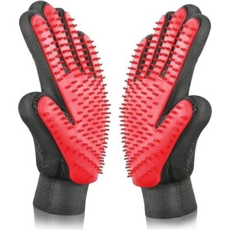 Gants de toilettage pour animaux, gants pour animaux de compagnie, kit de soin et d'épilation pour animaux de compagnie avec cinq doigts allongés et outil de massage, rouges. (1/5)