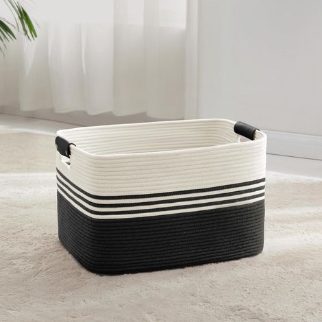 Geflochtener Wäschekorb aus Baumwollseil, 45L, mit Lederhenkeln, Weiß & Schwarz (1/5)