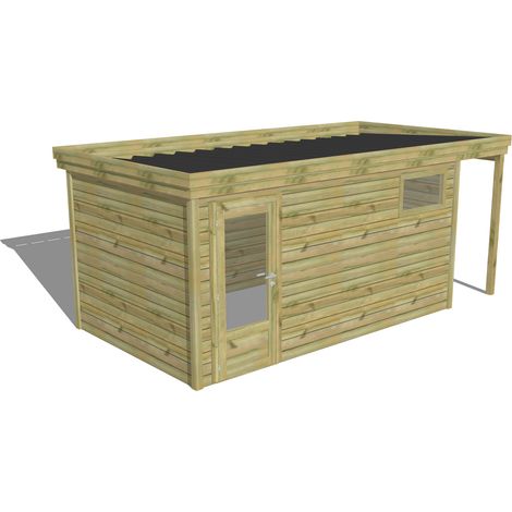 ABRI DE JARDIN bois Pin autoclave 27mm - 5,34x2,64m / 14,1m2 - Bac acier - Abri Français