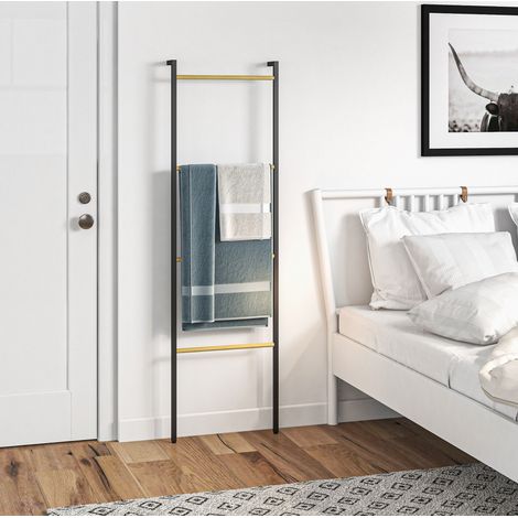 Porte-serviettes échelle 4 barres en bambou et acier noir, 49 x 5,5 x 167,5 cm, rangement peu encombrant pour salle de bains, chambre ou salon – CHICFURN (1/5)