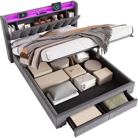 Lit 140x190 cm Rembourré avec LED, 2 Grands Tiroirs, Ports USB, Mécanisme Hydraulique, Velours Durable - Design Moderne et Fonctionnel (1/5)