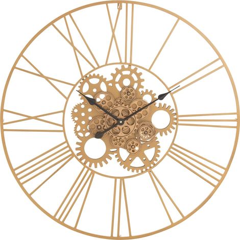 Horloge murale dorée chiffres romains engrenages métal design - Doré effet métal industriel (1/2)
