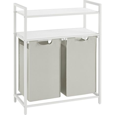 Panier à linge sale corbeille 2 compartiment bac avec 2 étagères de rangement sacs en amovible volume de chaque sac 46 litres pour salle de bain buanderie marron rustique et noir (1/5)