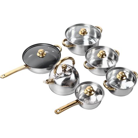 Casseroles de cuisine en acier inoxydable, 12 pièces, poignée dorée, lissante, robuste, facile à nettoyer, ensemble d'ustensiles de cuisine pour la cuisine à domicile