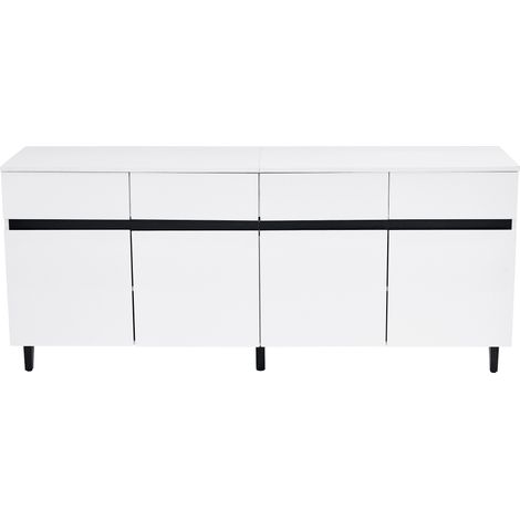 Buffet blanc brillant 160 cm, bahut moderne en panneau de particules avec 4 tiroirs, 4 portes et étagères réglables (1/5)