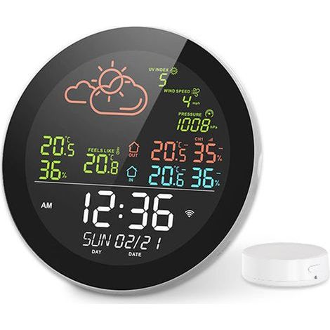 Tuya Multifunktionale WLAN-Wetterstation für Zuhause/Büro, Farbdisplay, Uhr, Außen- und Innentemperaturmesser, Hygrometer, Vorhersagetabelle, kompatibel mit Smartphones (1/5)