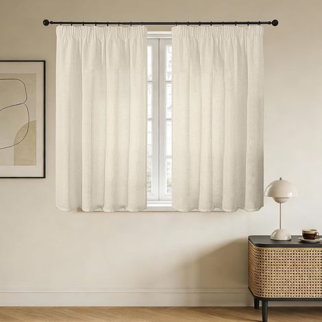 Rideau Voilage Lin Naturel avec Galon Fronceur sur Rail 117x137cm 2 Panneaux, Rideaux Voilages Courts Semi-Transparent pour Decoration Intérieure de Cuisine Petite Fenetre, Lin (1/5)
