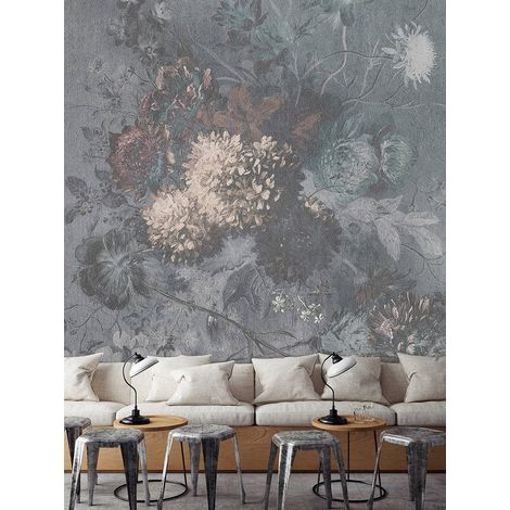 Papier peint panoramique vintage floral | Tapisserie panoramique grise fleurie pour cuisine | Papier peint panoramique fleuri gris idéal salon - 270 x 300 cm (3 pièces) (1/5)