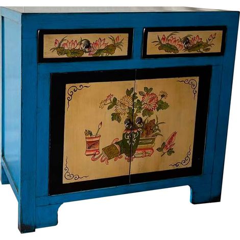 Aparador de madera artesanal pintado a mano azul 90x40x87h cm