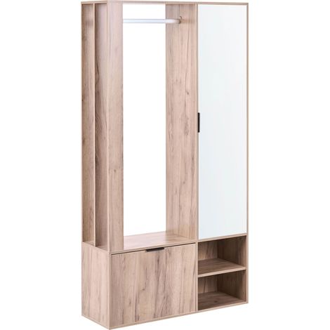 Wardrobe Light Brown Chipboard 100 x 35 x 190 cm with Coat Rack Shoe Cabinet Hallway Storage Mirrored Doors Modern QUESNEL