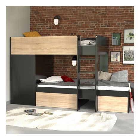 Lit superposé TWIN 90x190 avec armoire et 2 tiroirs – Structure en panneau de particules – Finition chêne blanchi et noir – 2 sommiers épicéa – Weber Industries