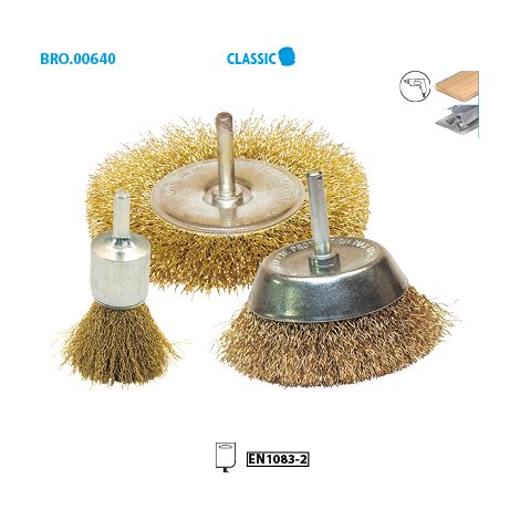 Lot de 3 brosses sur tige fil laitonné ondulé pour décapage doux bois et métaux - 640.03 - Leman (1/2)