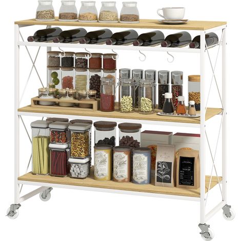 4-stöckiges Lunchregal mit Flaschenhalter und 5 abnehmbaren Haken, aus Holz und Metall, 96,5 x 38 x 96,7 cm