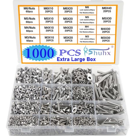 M3 M4 M5 M6 Vis et Écrous 1000pcs Acier Inoxydable 304 Boulon et Écrous Cylindrique Pans Rondelles Creux Assortiment Kit Bricolage Atelier Garage Réparation (1/5)