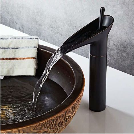Noir Robinet Salle Bain, Robinet Cascade Mitigeur Lavabo Noir Rétro à Levier Unique Robinet Lavabo, Laiton Comptoir Haute Robinet Salle de Bain Robinet Lave Main Robinet Evier Vasque (1/5)