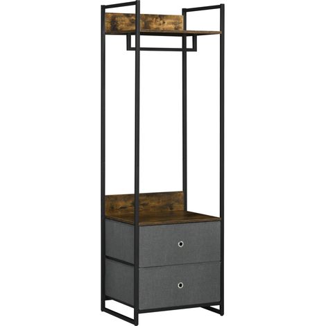 Clothes Rail, Metal Coat Stand, Garment Rack with 2 Fabric Storage Drawers, Single Wardrobe for Bedroom, Hallway, Rustic Brown and Grey