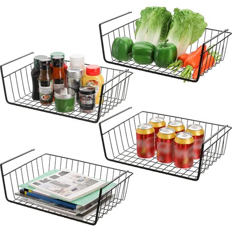 Lot de 4 Paniers Suspendus, Acier Inoxydable Noir, Pour Cuisine Garde-Manger Bureau