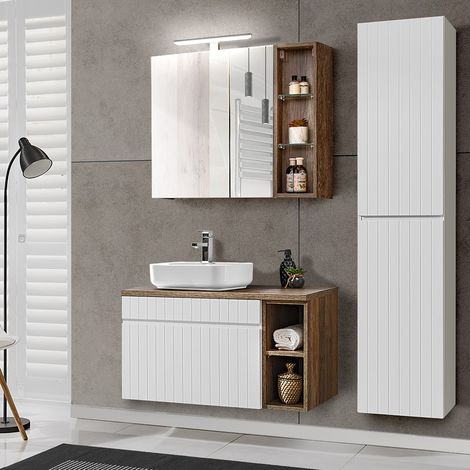 Badezimmermöbel Set in weiß matt mit Vintage Eiche Nb. IRAKLIO-56 inkl. Waschbecken und LED-Spiegelschrank, B/H/T: ca. 135/200/46 cm (1/5)