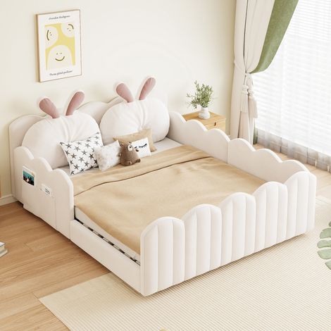 Letto per bambini 140x200cm, letto per adulti, 2 cuscini a forma di coniglio + 2 tasche portaoggetti, rete a doghe, materasso non incluso, MDF, beige (1/5)