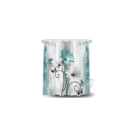 Rideau de douche vert style ferme avec imprimés de marguerites et de papillons, bleu (1/5)