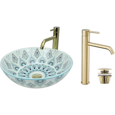 GTM Design Aufsatzwaschbecken 40 cm Glanz Set mit Waschtischbatterie und Stopfen - Aufsatzwaschbecken Oval für Badezimmer - Modernes Waschbecken ohne Hahnloch - Waschbecken mit Armature (1/5)