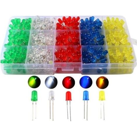 500 pcs x 5mm diode électroluminescente, diffusé 2pin rond couleur blanc/rouge/jaune/vert/bleu Kit boîte (5 couleurs x 100pcs) (1/3)