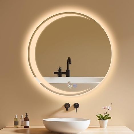 GBLY Specchio da bagno rotondo con luce - Specchio da parete rotondo da 70 cm LED IP44 Specchio da bagno rotondo con interruttore touch e funzione antiappannamento