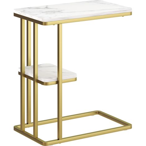 Table d'appoint étroite en forme de C avec étagère, table de chevet moderne, 50 x 30 x 57,5 cm, effet marbre blanc