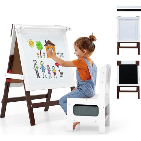 COSTWAY Tableau Enfant Double Face avec Chaise & Porte-Papier, Chevalet Enfant Réglable en Hauteur avec Tableau Noir & Blanc, Barres Magnétiques, Bac en Tissu pour 3+ Ans (1/5)