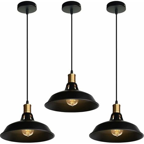 Suspension Lustre Industrielle Vintage Luminaire Plafonnier E27 Salon Abat-jour Plafond en Métal Rétro Style Nordique Design Câble Réglable (Noir, 3pcs) (1/4)