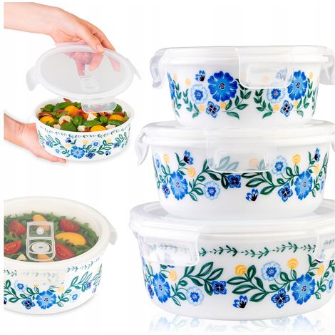 Set di 3 contenitori rotondi in vetro (capacità 400, 650, 950 ml) con decorazione floreale blu.